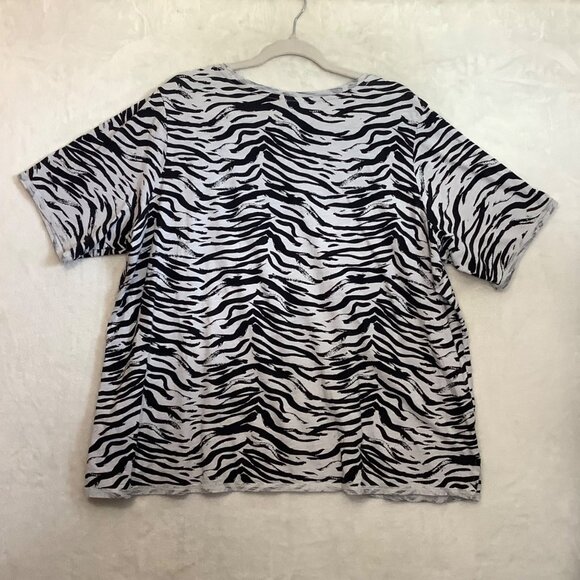 LOGO By Lori Goldstein Zebra Print Blouse Women Size 2X 100% Cotton Black White - Picture 2 of 9